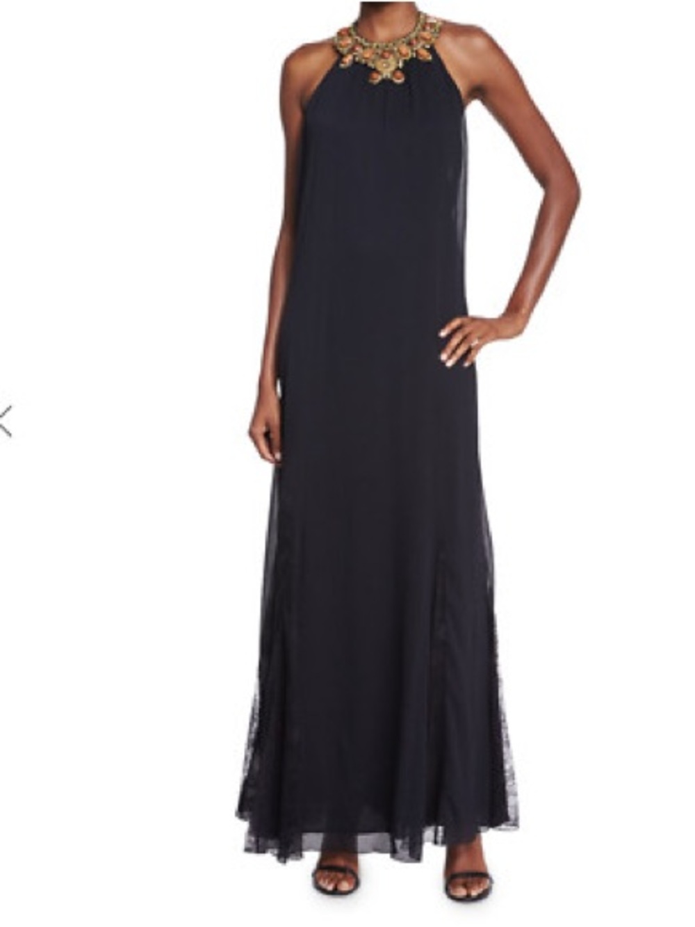 Elegant Black Halter Maxi Dress with Embellished Neckline